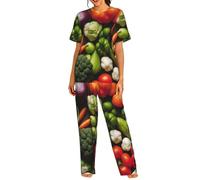 AYYQWE Introducción de varios vegetales estampado conjunto de pijama de manga corta para mujer, ropa de dormir suave y cómoda ropa de dormir, Negro, XXL Corto