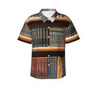 AYYQWE Library Bookshelf Print Summer Men's Hawaiian Shirt Short Sleeve Beach Vacation Weekends Outdoor Gatherings, Negro, L