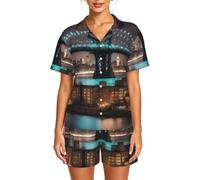 AYYQWE New York Manhattan Bridge Night Print - Conjunto de pijama de manga corta para mujer, ropa de dormir acogedora para el hogar, Negro, 4XL Corto