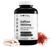 Azafrán 1800 mg. 120 cápsulas veganas para 4 meses. 30 mg de Extracto de estigma de Saffron 60:1 aportando 0,6 mg Safranal y 0,9 mg Crocinas. Safran extract con 5% de Safranal + Crocins. HIVITAL