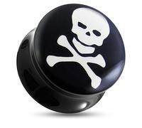 AZARIO LONDON - Tapón para los oídos con logotipo de calavera y huesos cruzados, acrílico negro, calibre doble, se vende por pieza, 5MM, Plástico acrílico Imagen del logotipo, Sin piedra preciosa