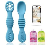 AZBaby Pack Cucharas silicona aprendizaje + 2 Bolsas de comida reutilizables + Libro 20 recetas rápidas de "Purés saludables para tu bebé" Código QR | Recomendadas por nutricionistas (Azules)