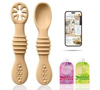 AZBaby Pack Cucharas silicona aprendizaje + 2 Bolsas de comida reutilizables + Libro 20 recetas rápidas de "Purés saludables para tu bebé" Código QR | Recomendadas por nutricionistas (Crema)
