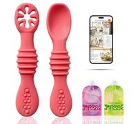AZBaby Pack Cucharas silicona aprendizaje + 2 Bolsas de comida reutilizables + Libro 20 recetas rápidas de "Purés saludables para tu bebé" Código QR | Recomendadas por nutricionistas (Rosas)