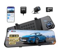 AZDOME Cámara para salpicadero de coche con espejo 4K, parte delantera y trasera de 2,5 K, cámara de coche WiFi 5G, tarjeta de 64 GB incluida, cámara de salpicadero de visión nocturna, GPS, control
