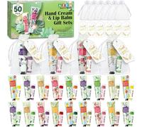 AZEN 50 juegos de regalos a granel, crema de manos y bálsamo labial a granel con bolsa de organza, tarjeta de agradecimiento, regalo de boda para baby shower, regalos de boda para invitados, regalos