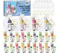 AZEN Juego de 24 juegos de regalo a granel, crema de manos y bálsamo labial a granel con bolsa de organza, tarjeta de agradecimiento, regalos de boda nupcial y regalos de agradecimiento para invitados