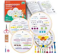 Azenera Kit de bordado para principiantes (paquete de 4) aprende 33 puntadas con tutoriales de video fáciles de bricolaje, patrones de diseño de colores, hilo de hilo, aro de punto de cruz, regalo