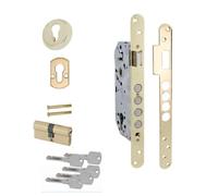 AZERODESIGN-Cerradura Embutir-Cerradura Seguridad-4 Bulones -Cerradura Exterior Puerta-Canto Redondeado-Cerradura Puerta-5 Llaves Incluidas-Orificio de Entrada de 50mm-Dorado