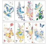 Azheeuiy 8 Große Temporäre Schmetterlings-Tattoo-Aufkleber, Geeignet für Frauen, Damen und Mädchen Hochwertige Hyperrealistische Tattoo-Aufkleber mit Goldfolie Bunte, Verträumte Schmetterlingsmotive
