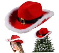 AZIDWERYQ Sombrero de Navidad Cowboy Santa Santa con borde curvo y bordes peludos blancos Cowboy con correa de la barbilla de una sola talla occidental para cosplay, sombreros de disfraces adultos