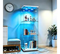 AZJSAHAH Vitrina de cristal moderna, vitrina de colección, de pie, color blanco, estrecha, vitrina de esquina, vitrina de cristal con cerradura (blanco, 1 puerta, 3 capas LEDA)