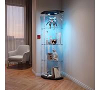 AZJSAHAH Vitrina de cristal moderna, vitrina de colección, de pie, color blanco, estrecha, vitrina de esquina, vitrina de cristal con LED y cerradura (negro, 1 puerta, 4 capas LEDA)