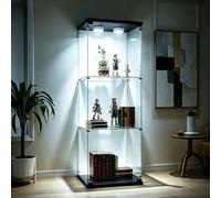 AZJSAHAH Vitrina de cristal moderna, vitrina de colección, de pie, color blanco, estrecha, vitrina de esquina, vitrina de cristal con LED y cerradura (negro, 1 puerta, 3 capas LEDA)