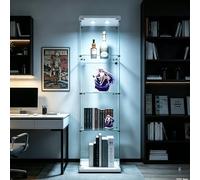 AZJSAHAH Vitrina de cristal moderna, vitrina de colección, de pie, color blanco, estrecha, vitrina de esquina, vitrina de cristal con cerradura (blanco, 1 puerta, 4 capas LED)