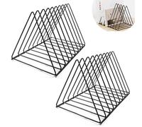 AZKEEGREY Paquete de 2 soportes de almacenamiento de discos negros, 9 ranuras de metal para discos de vinilo, soporte triangular de escritorio para revistas, almacenamiento de álbumes de escritorio,