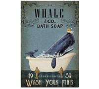 AZOLID Letrero divertido de lata vintage de ballena para baño y jabón, decoración de pared para interiores y exteriores, 14 x 20 cm