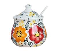 Azucarero con diseño de flores con tapa y cuchara, soporte de azúcar de 250 ml para barra de café, azucarero de cerámica con asa