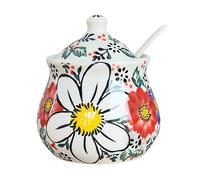 Azucarero con diseño de flores con tapa y cuchara, soporte de azúcar de 250 ml para barra de café, azucarero de cerámica con asa