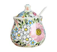Azucarero con diseño de flores con tapa y cuchara, soporte de azúcar de 250 ml para barra de café, azucarero de cerámica con asa