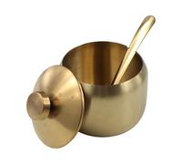 Azucarero de acero inoxidable con tapa de cuchara, tarro de condimentos, contenedor de especias, condimentos, suministros de cocina (250 ml, cuentas redondas doradas)