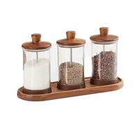 Azucarero Salero Botes Especias Juego De Botellas De Vidrio Para Condimentos Con Cuchara Y Bandeja Con Tapa De Madera, Tarro Para Condimentos, Caja De Condimentos Para Sal, Cocina Casera Frascos Espec
