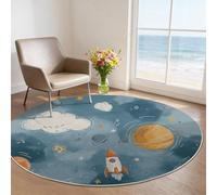 Azul 120 cm Alfombra Redonda Dibujos Animados Espacio Planetas Lavable para Sala de Estar, Alfombra Suave Antideslizante para Niños, Solución Ideal para Casas con Mascotas y Zonas de Mucho Tránsito