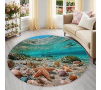 Azul 60 cm Alfombra Redonda Salón Viento costero Estrellas de mar Playa Lavable en Lavadora, Alfombra Antideslizante para Dormitorio, Solución y Fácil de Limpiar para la Decoración del Hogar