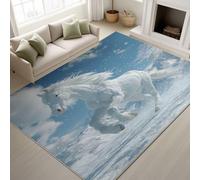 Azul 60x150cm Alfombra Antideslizante Estilo 3D Render Animado Suave Caballo Blanco Montañas Nevadas Nieve Viento Alfombra Elegante Natural Caballos Estética Oriental Alfombras para Dormitorio Salón