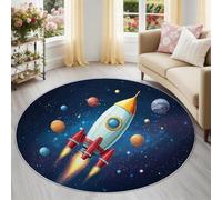 Azul 90 cm Alfombra Redonda Moderna Planetas De Dibujos Animados Cohete Espacial, Estampado de Diseño Lavable - Alfombra Antideslizante para Oficina en Casa y Salón Habitación De Niño Cuarto Juegos