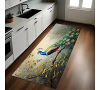 Azul Alfombra de Cocina 50 x 80 cm Pájaros, Pavos Reales y Ramas Antideslizante y Lavable, Camino Multiusos Resistente al Desgaste, Antimanchas, Ideal para Bajo Fregadero y Fogones