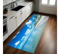 Azul Alfombra de Cocina 60 x 180 cm Playa, Costa, cocoteros Antideslizante y Lavable, Camino Multiusos Resistente al Desgaste, Antimanchas, Ideal para Bajo Fregadero y Fogones