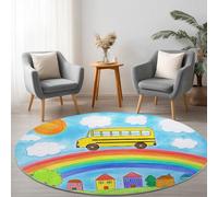 Azul Alfombra Redonda Lavable a máquina 90 cm, Autobús Escolar Arcoíris De Cartoon HouseRedonda Alfombra antideslizante resistente a las manchas, para salón, dormitorio, oficina y decoración del hoga