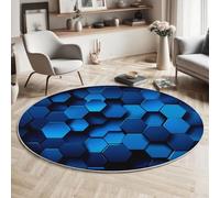 Azul Alfombra Salon Redonda 100cm, Alfombra Dormitorio con Estampado Geometría Hexágono Panal, Lavable Tridimensional Futurista Alfombras Comedor Antideslizante Tapete para Cocina Halls Balcón