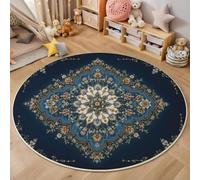 Azul Alfombra Salon Redonda 150cm, Alfombra Dormitorio con Estampado Geometría Flores Hojas, Lavable Tradicional Estilo Persa Alfombras Comedor Antideslizante Tapete para Cocina Halls Balcón