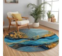 Azul Alfombra Salon Redonda 160 cm, Mármol Líquido Fino patrón Lavable Lavadora Alfombra Dormitorio, Abstracto Alfombras Comedor Antideslizante para Cocina Halls Balcón