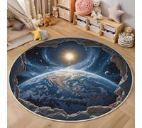 Azul Alfombra Salon Redonda 90cm, Alfombra Dormitorio con Estampado Tierra Sol, Lavable 3D Estilo Fantasía Alfombras Comedor Antideslizante Tapete para Cocina Halls Balcón