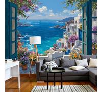Azul Cielo Fondo De Pantalla Panorámica 3D, Paisaje Playa En Santorini, Grecia Fotomurales Mural 350 X 256 Cm (An X Al), Estilo Mediterráneo, Decoración De Pared Para Sala Cuarto Oficina Y Salón