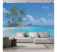 Azul Claro Papel Pintado Seda Fotográfico 250x175cm, Mural De Pared Panorámico Isla De Las Palmeras, Encanto Tropical De Verano Póster Grande Para Salón Decor Del Hogar Y Pared
