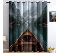 Azul Cortinas Dormitorio Opacas Termicas Aislantes, Misterio Montañas Lagos Barcos De Madera Estampadas Cortinas con Ojales, para Salon Ventana Habitacion Juvenil Comedor 140An x 240Al cm