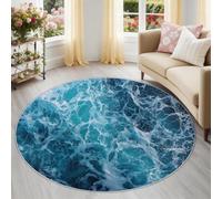 Azul Eau de Mer Ecume Olas Alfombra redonda 160 cm, borde de mar natural, lavable a máquina, antideslizante, alfombra suave, pelo Ras dormitorio, comedor, oficina, descenso de cama, interior, cuarto