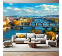 Azul Fotomurales Paisaje urbano a lo largo del río Papel Tapiz Fotográfico 400x280 cm Tejido No Tejido Decor de la Pared Murales para Salón Dormitorio TV Pared Habitación Niños