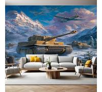 Azul Fotomurales Tejido no Tejido Tanques de guerra y aviones de combate Papel Pintado Decor de Pared Murales Póster Efecto 3D Papel Tapiz Moderno para Dormitorio Salón TV Pared 300 x 210 cm
