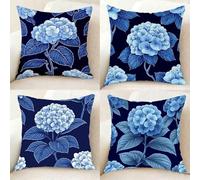 Azul Funda Almohada Impermeable Juego de 4, Lino Pillow Case Magnolia Funda Almohada 80 x 80 cm, Doble Cara Impresión Cushion Covers con Cremallera Invisible para Decoracion Hogar, Regalo -bby25011A1
