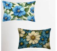 Azul Funda Cojin 25x45cm Juego de 2, Flor Rectangular Funda Almohada con Cremallera Oculta, Impermeable Lino Fundas Cojines, Fundas de Cojines para Sofá Cama Silla o Jardín, Regalo Mujer 9-1935