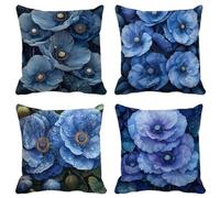 Azul Funda Cojin 45X45 Flor Fundas Cojines Exterior Impermeables Lino Cuadrado Cushion Covers Lavables con Cremallera Invisible para Salon Sofa Primavera Verano Jardín Patio Dcoración Juego de 4 13G-5