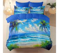 Azul Funda nordica 240 x 260 cm, Suave Resistente Microfibra cepillada Juego de Cama, Pintura Al Óleo Playa Mar Tema Funda de edredón Adecuado para niños y niñas, con Cremallera