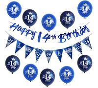 Azul guirnalda Happy 14th Birthday bandera + cumpleaños banderas triángulo + 14 años chico cumpleaños globos 14 años decoración para niño,decoración 14 años niño cumpleaños 14 años niño deco