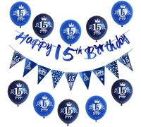 Azul guirnalda Happy 15th Birthday bandera + cumpleaños banderas triángulo + 15 años chico cumpleaños globos 15 años decoración para niño,decoración 15 años niño cumpleaños 15 años niño deco