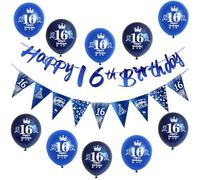 Azul guirnalda Happy 16th Birthday bandera + cumpleaños banderas triángulo + 16 años chico cumpleaños globos 16 años decoración para niño,decoración 16 años niño cumpleaños 16 años niño deco